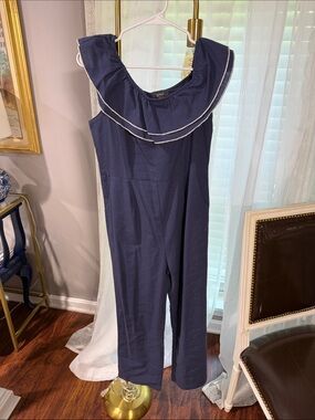 Navy Ruffle-Trim Sleeveless Jumpsuit